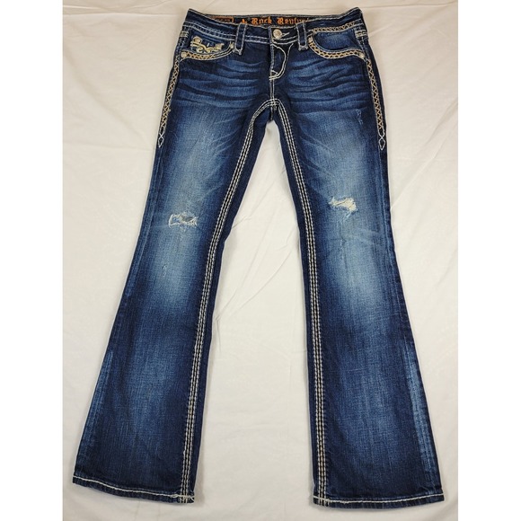Rock Revival Denim - Rock Revival Kai Bootcut Jeans Dark Wash Distressed Thick Stitch Buckle 28x29